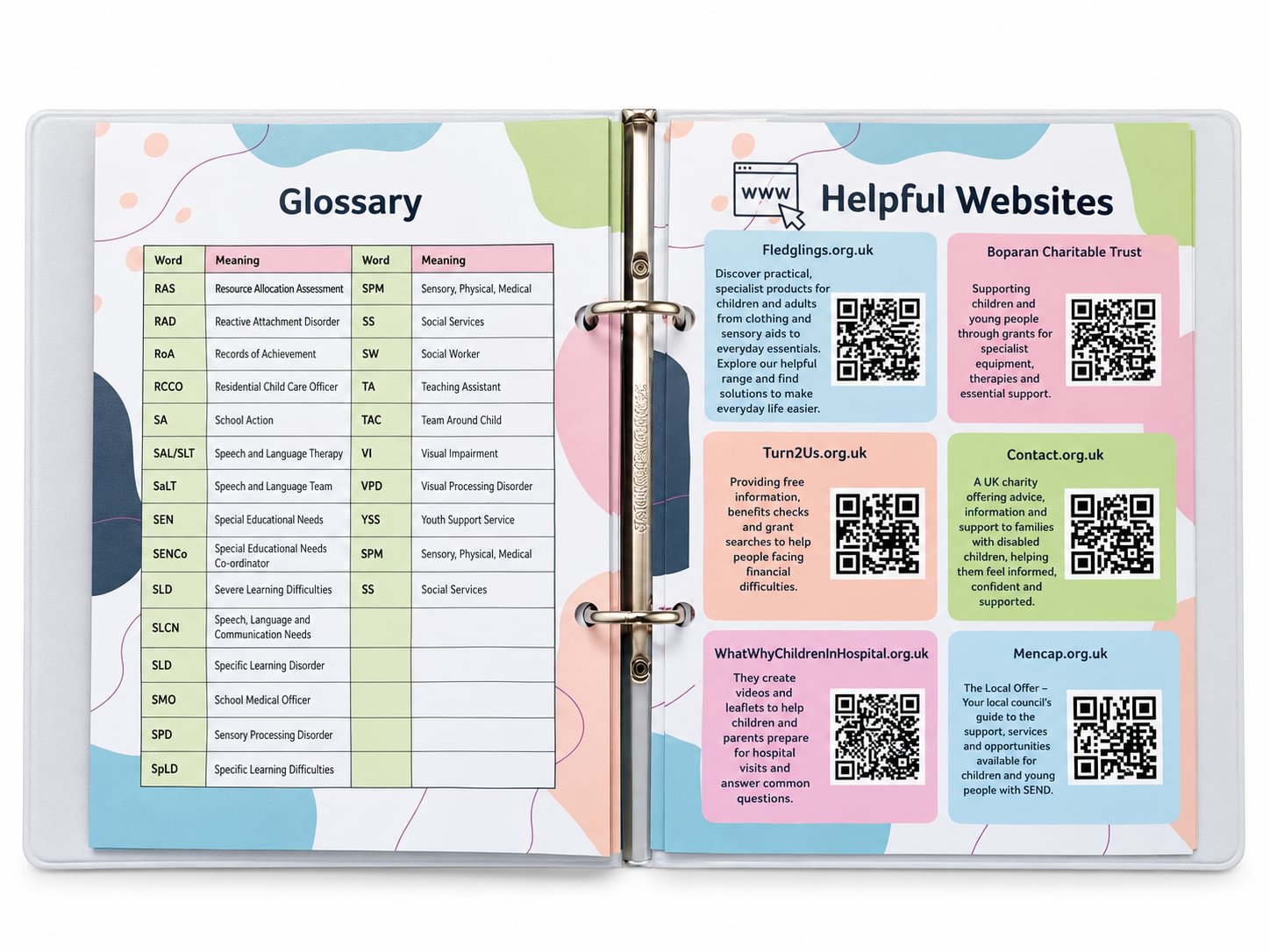 An open ring binder showing two printed pages: a glossary table on the left and a helpful websites section with QR codes and colored panels on the right.