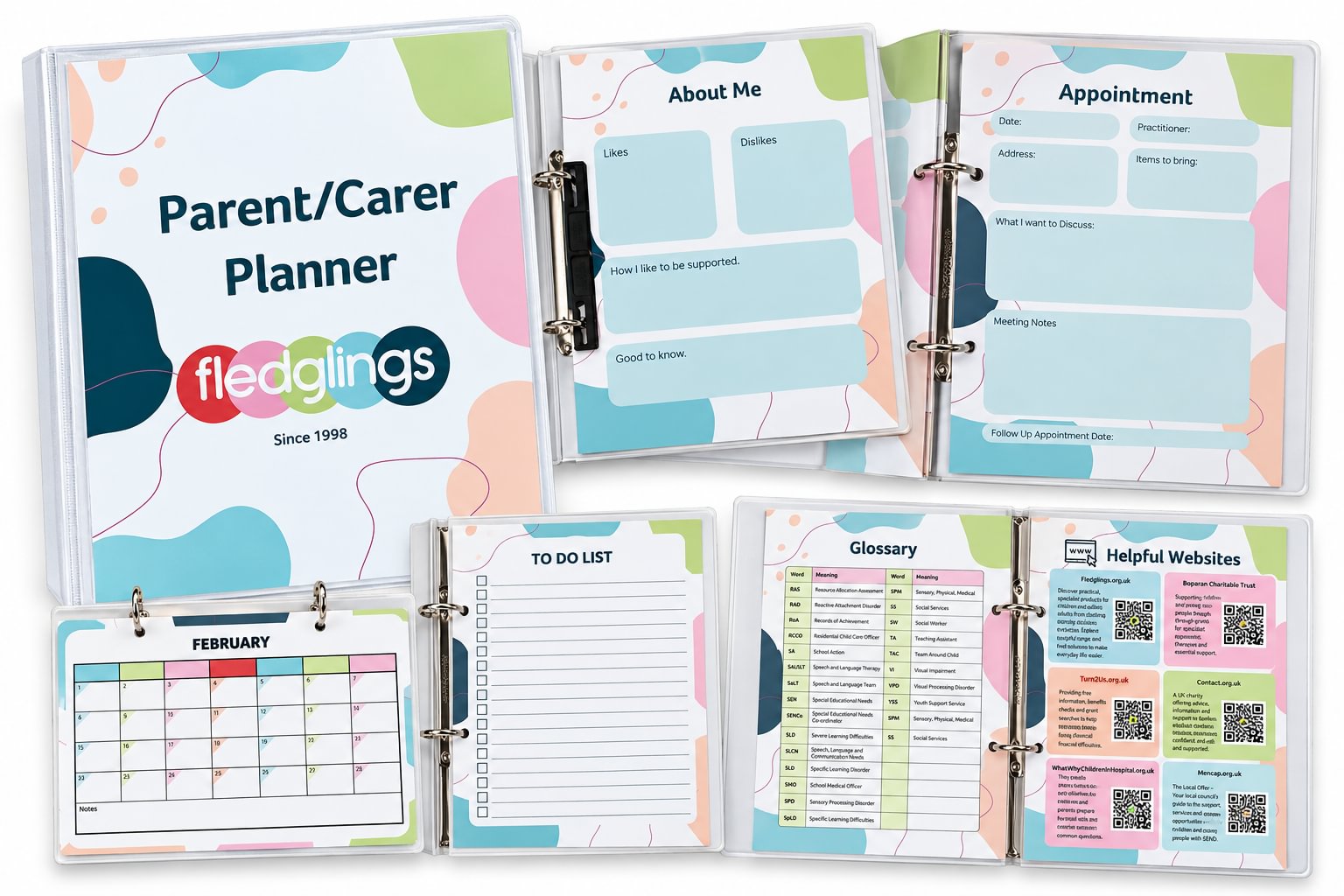 A clear plastic binder planner set shown open and closed on a white background. The cover reads 'Parent/Carer Planner' with the Fleaglings logo, and the open pages show inserts for About Me, Appointment, To Do List, Glossary, and Helpful Websites. AI generated