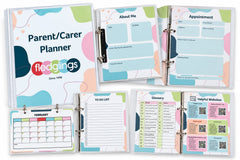 A clear plastic binder planner set shown open and closed on a white background. The cover reads 'Parent/Carer Planner' with the Fleaglings logo, and the open pages show inserts for About Me, Appointment, To Do List, Glossary, and Helpful Websites. AI generated