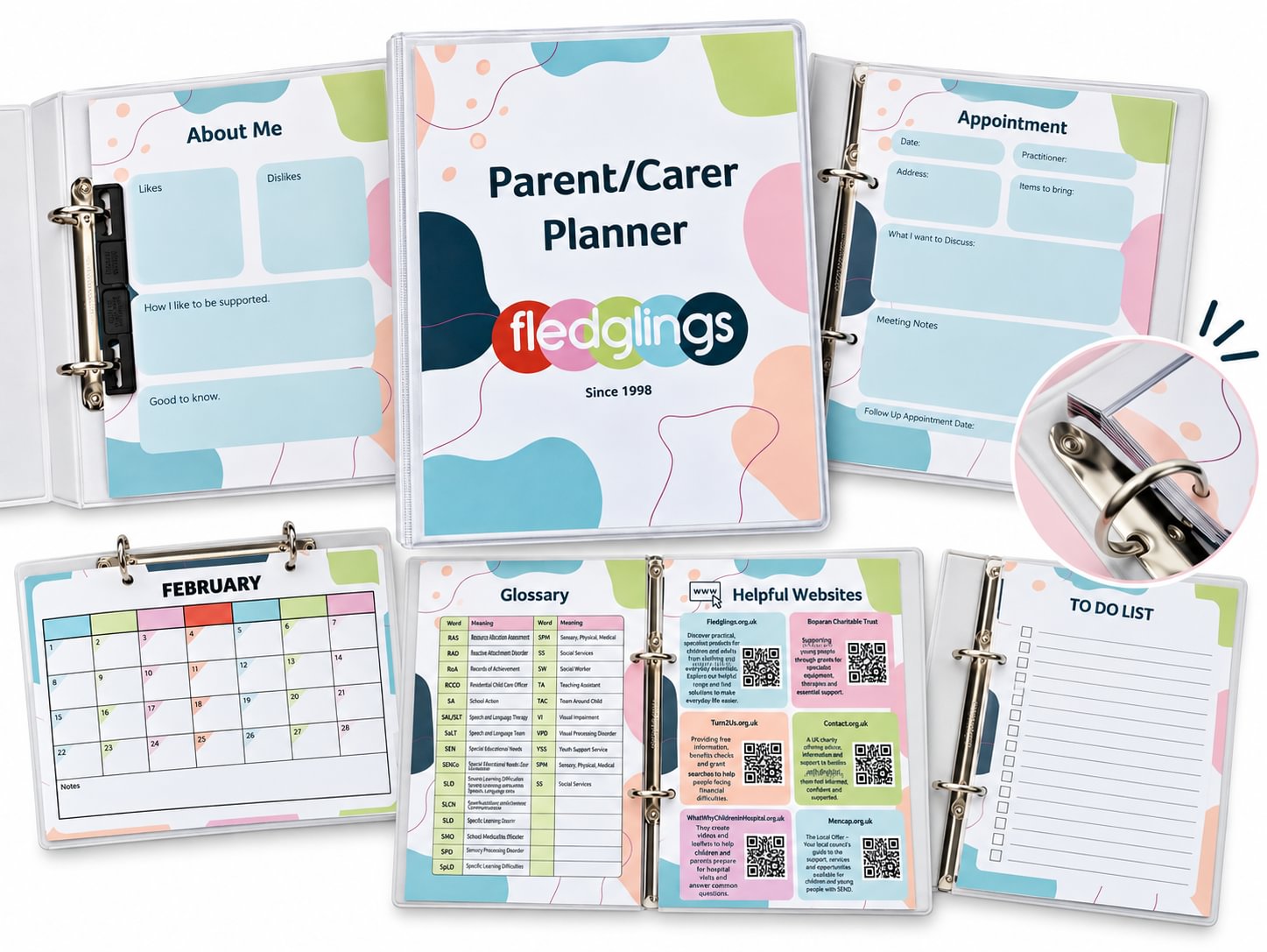 A set of colorful ring-binder planner pages and covers shown on a white background, including a main cover titled 'Parent/Carer Planner' with the brand name 'fledglings' and several interior pages like About Me, Appointment, February calendar, glossary, helpful websites, and a to-do list. A circular inset shows the binder rings in close-up.