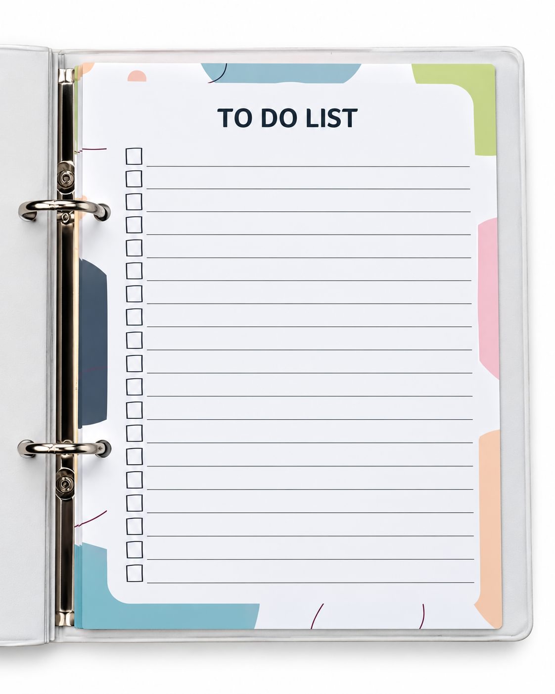 A clear plastic binder ring holding a lined to-do list pad with the words 'TO DO LIST' at the top. The pad has a white center with multicolored abstract corner accents in blue, green, pink, and peach.