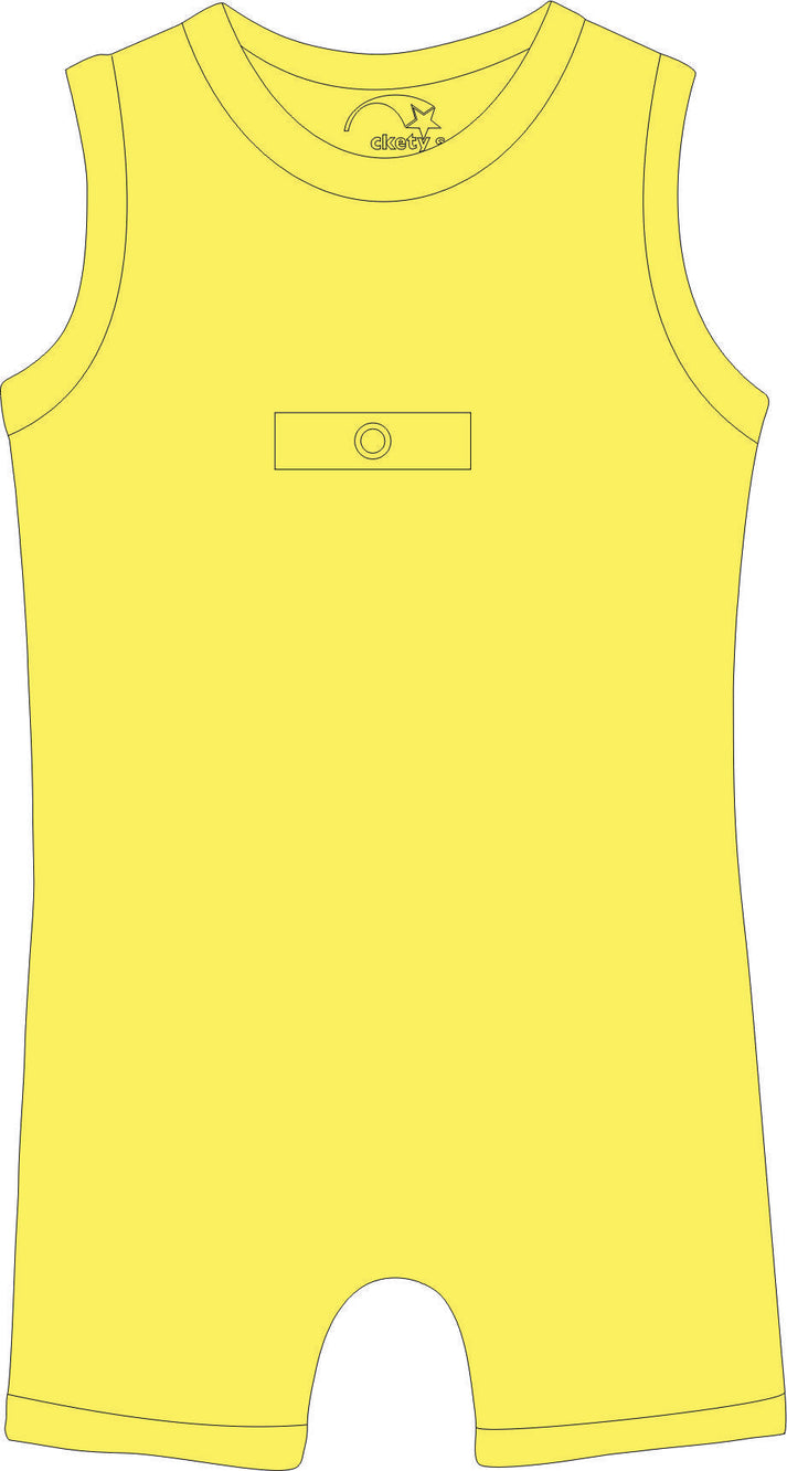 Yellow sleeveless romper with peg access on a white background
