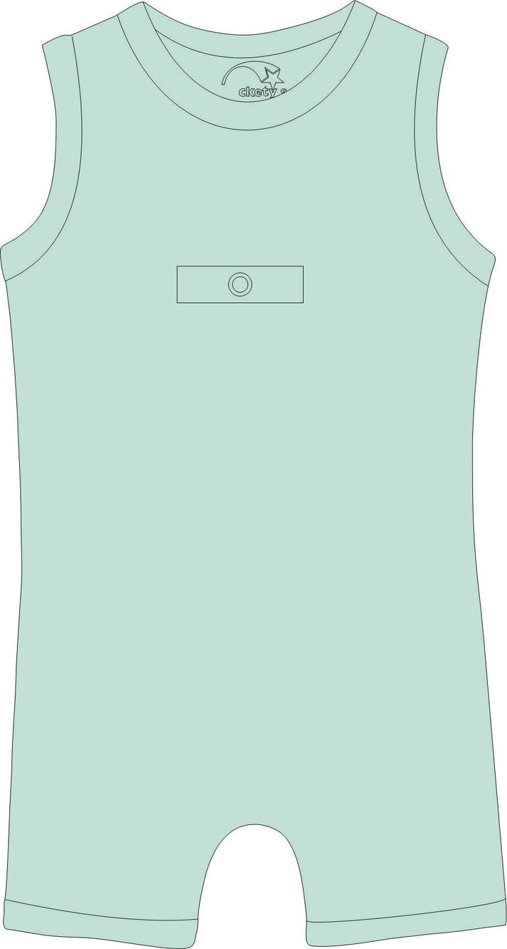Light green tank romper with pegg access pocket on a white background
