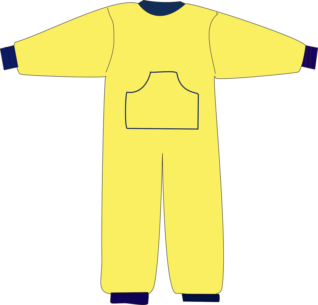 Yellow onesie with blue cuffs and collar on a white background