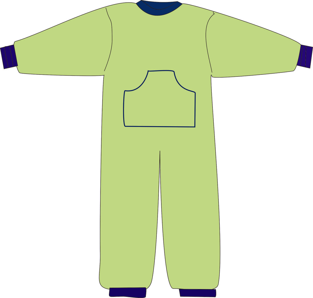 Green onesie with navy cuffs and neckline on a white background