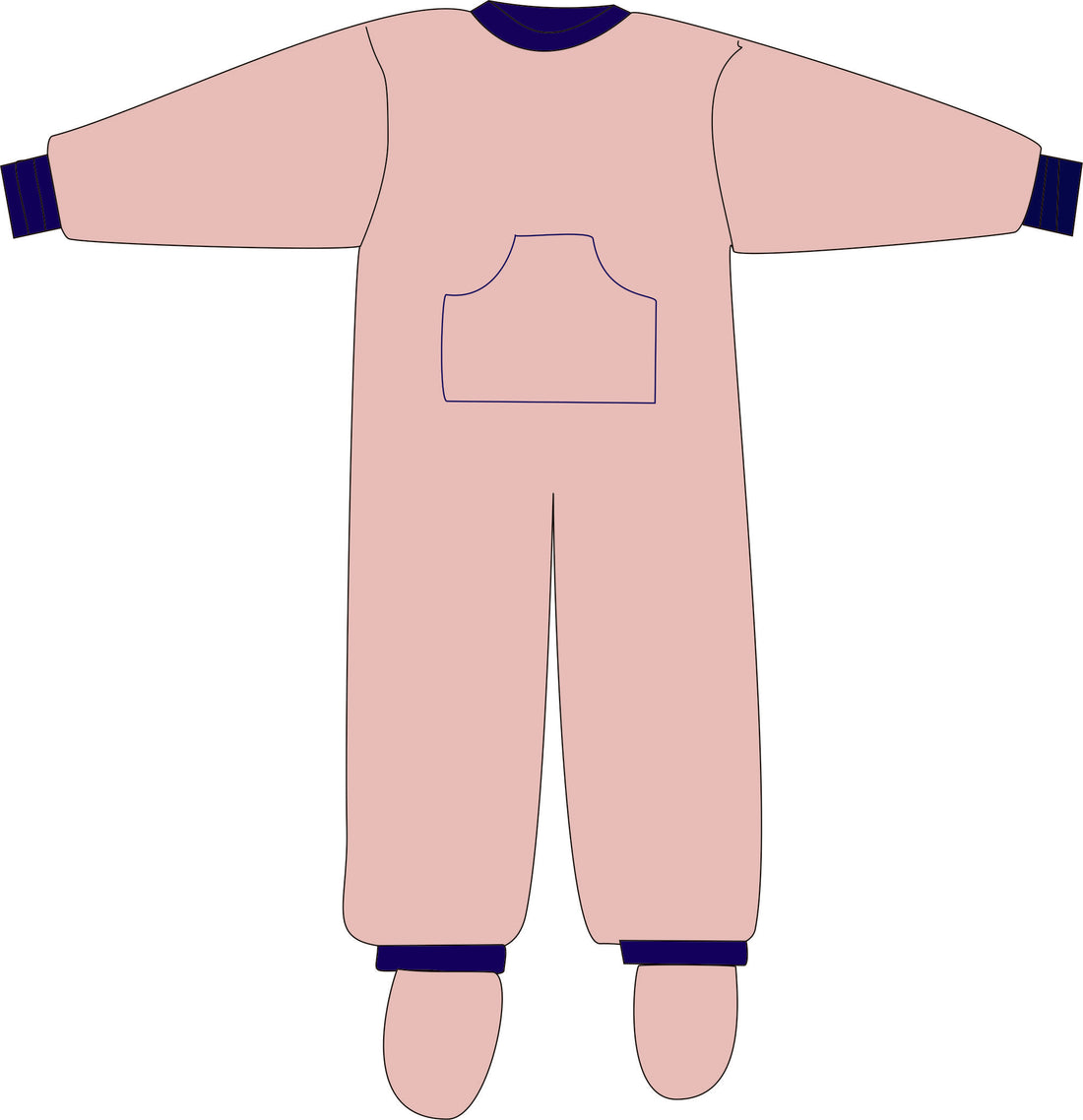 Pink onesie with navy cuffs and collar on a white background