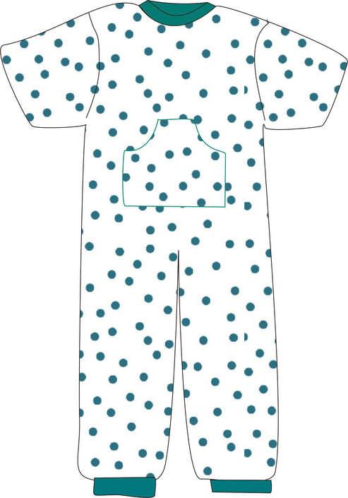 Children's onesie with blue polka dots on a white background