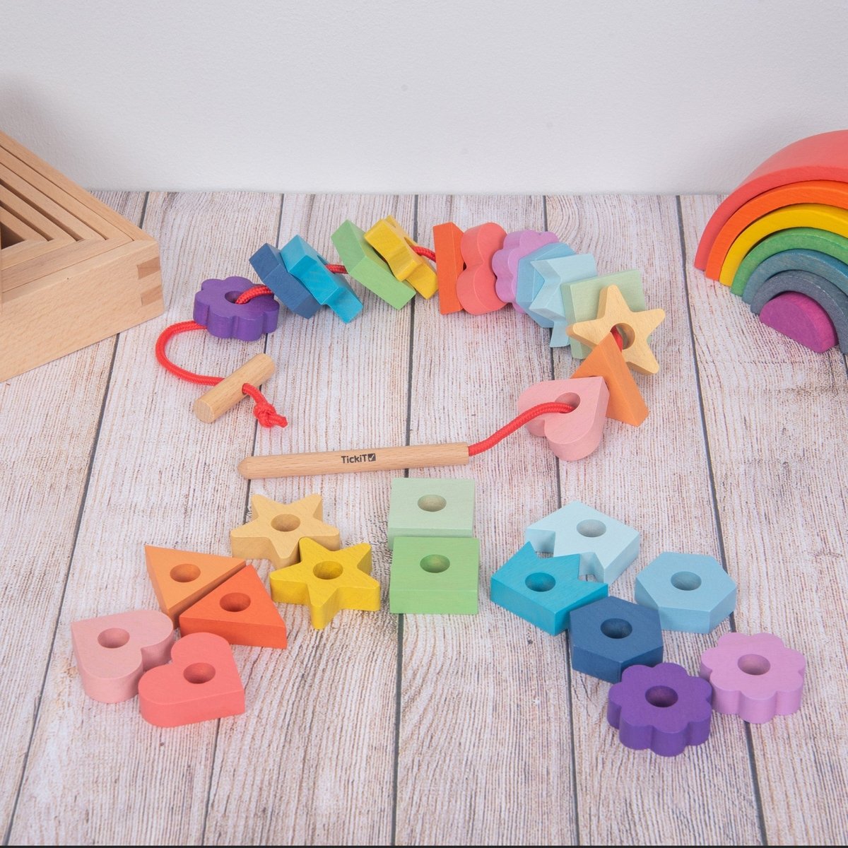Rainbow Wooden Lacing Shapes - Learning Resource