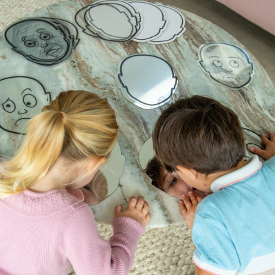 children looking at emotion faces
