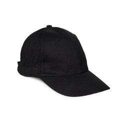 A classic black baseball cap with a curved brim, photographed from a three-quarters angle on a solid white background.