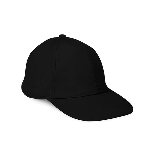 A classic six-panel baseball cap in solid black, shown from a three-quarters angle on a clean white background.