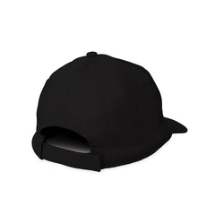 A black baseball cap shown from a rear three-quarter angle, featuring a structured six-panel crown and an adjustable strap, set against a plain white background.