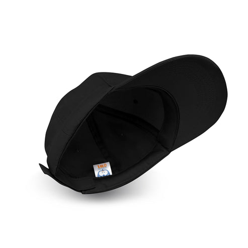 A black baseball cap shown from an angled top-down view on a clean white background, featuring a small embroidered brand tag on the underside.