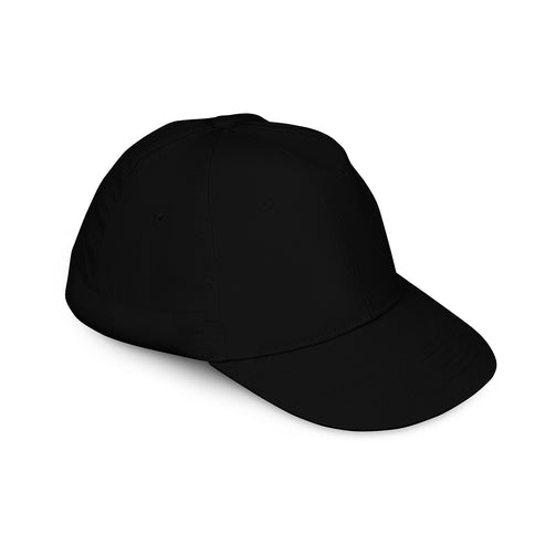 A plain black baseball cap shown at a three-quarter angle on a clean white background.