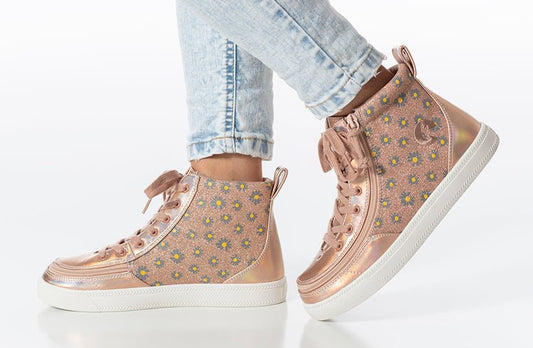 Billy Footwear (Kids) - High Top Rose Gold Daisy Faux Leather Shoes - Footwear