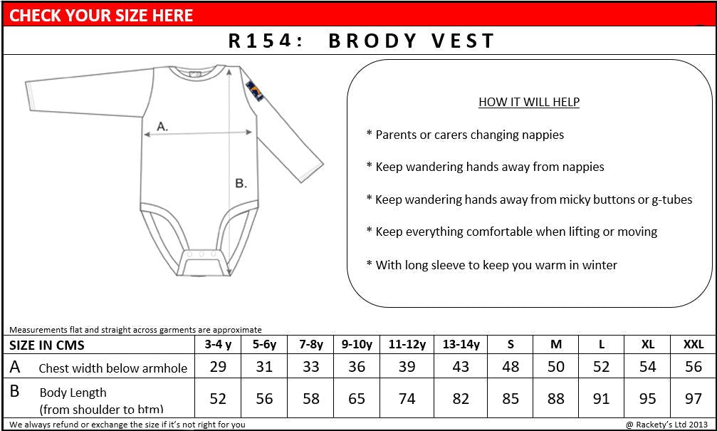 R154 Long Sleeved Brody Popper Vest (Adults) - Bodyvests and Sleepwear