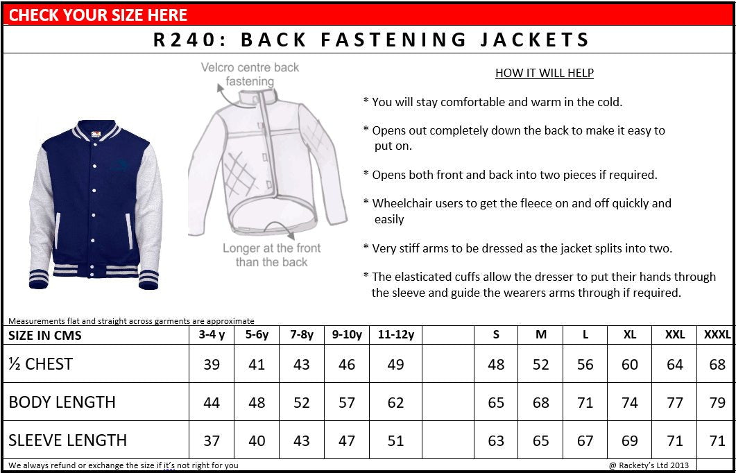 R240 Back Fastening Varsity Jacket (Adults) - Daywear